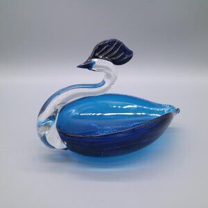 Vintage Murano Blown Style Blue Crystal Glass Swan Dish Figurine